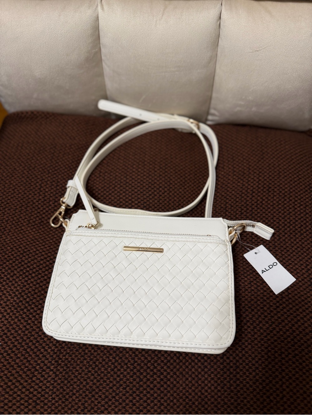 ALDO Cream Woven Crossbody with Gold Accent